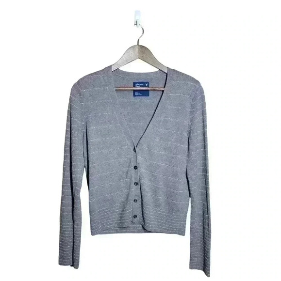 American Eagle Outfitters taupe brown glitter striped button up cardigan sweater - Picture 1 of 4